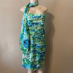 J S Collections size 6P green patterned layered dress with scarf included lined